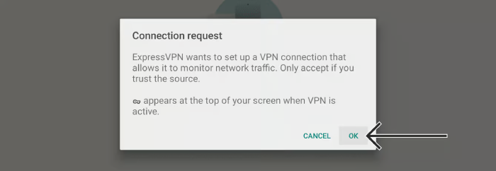 An Amazon Fire TV prompt requesting an ExpressVPN connection request. 