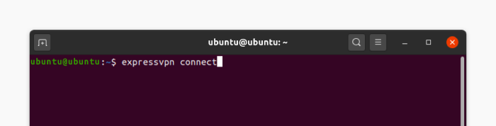 The Linux Ubuntu terminal with the command: expressvpn connect.