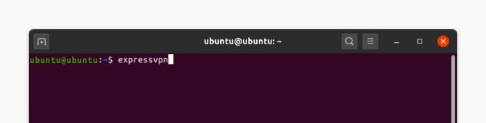 The Linux Ubuntu terminal with the command: expressvpn.