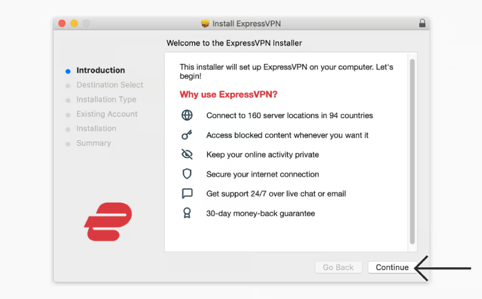 The Welcome screen for the ExpressVPN Installer on macOS.