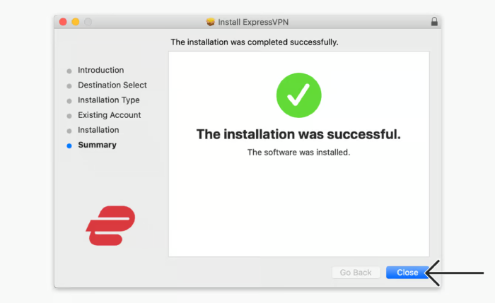 The ExpressVPN Installer on macOS noting that the installation was successful.