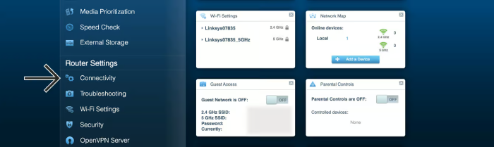 The Linksy router admin panel with an arrow pointing to Connectivity on the sidebar.