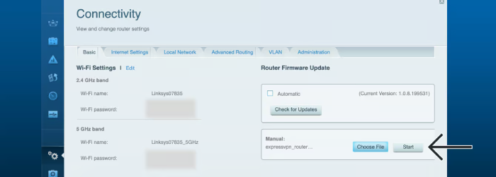 The Linksy router Connectivity settings with an arrow pointing to the Start button.