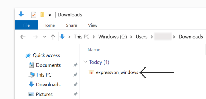 The Windows Downloads folder with an arrow pointing to the ExpressVPN file.