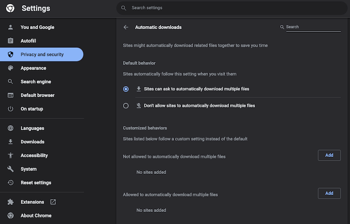 Once you've opened Google Chrome's Site settings, you can set it to require sites to ask before downloading files or turn off automatic downloads completely.