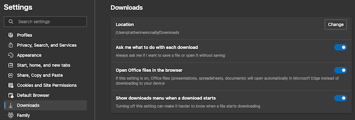 To turn off automatic downloads in Microsoft Edge, open your Settings and click on Downloads. Then toggle the Ask me what to do with each download setting to on.