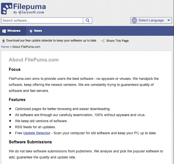 Filepuma's About page includes information on how it ensures all of its downloads are safe, including the fact that it doesn't accept software submissions.