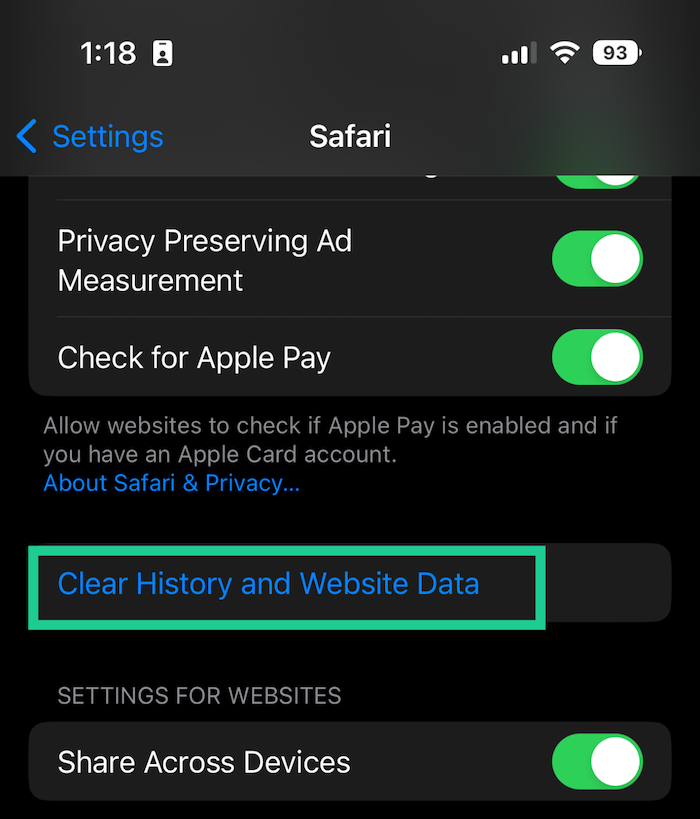 To clear Safari cookies on your iPhone or iPad, open Settings and tap Clear History and Website Data.