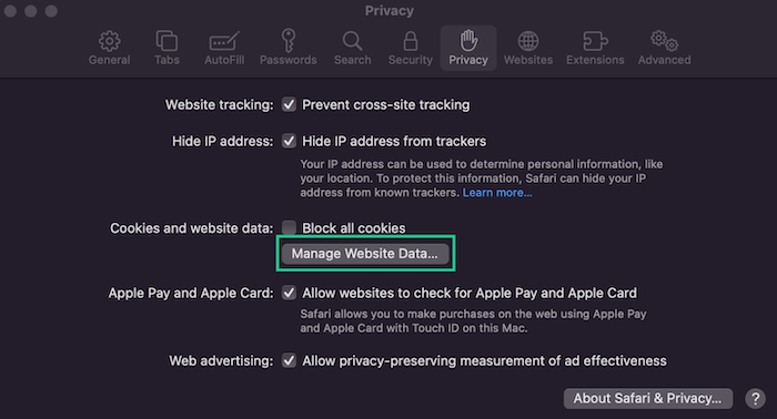 To clear Safari cookies on your MacBook, open your Preferences, open the Privacy menu, and select Manage Website Data.