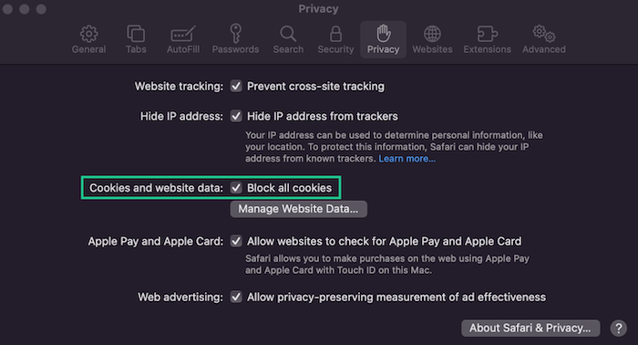 To disable cookies in Safari on your Mac, open the Privacy tab in Settings and check Block all cookies.