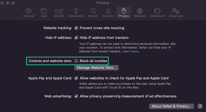 To enable Safari cookies on your MacBook, uncheck the Block all cookies option under your Privacy menu.