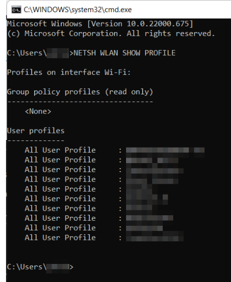 A screenshot of the Windows Command Prompt app showing Wi-Fi user profiles