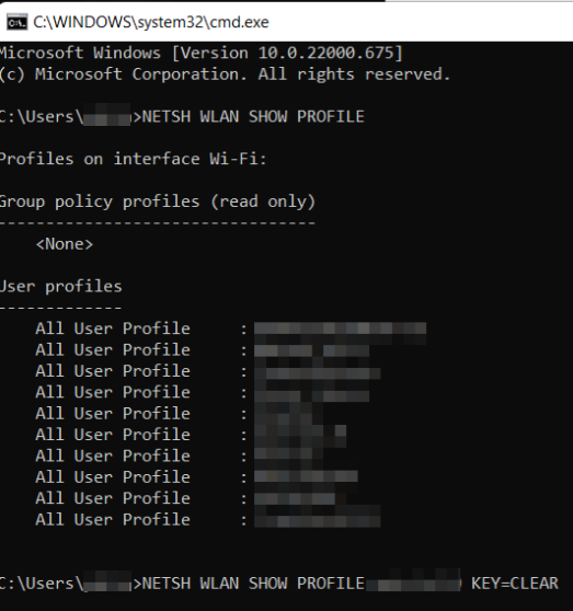 A screenshot of the Windows Command Prompt app and a list of the Wi-Fi user profiles