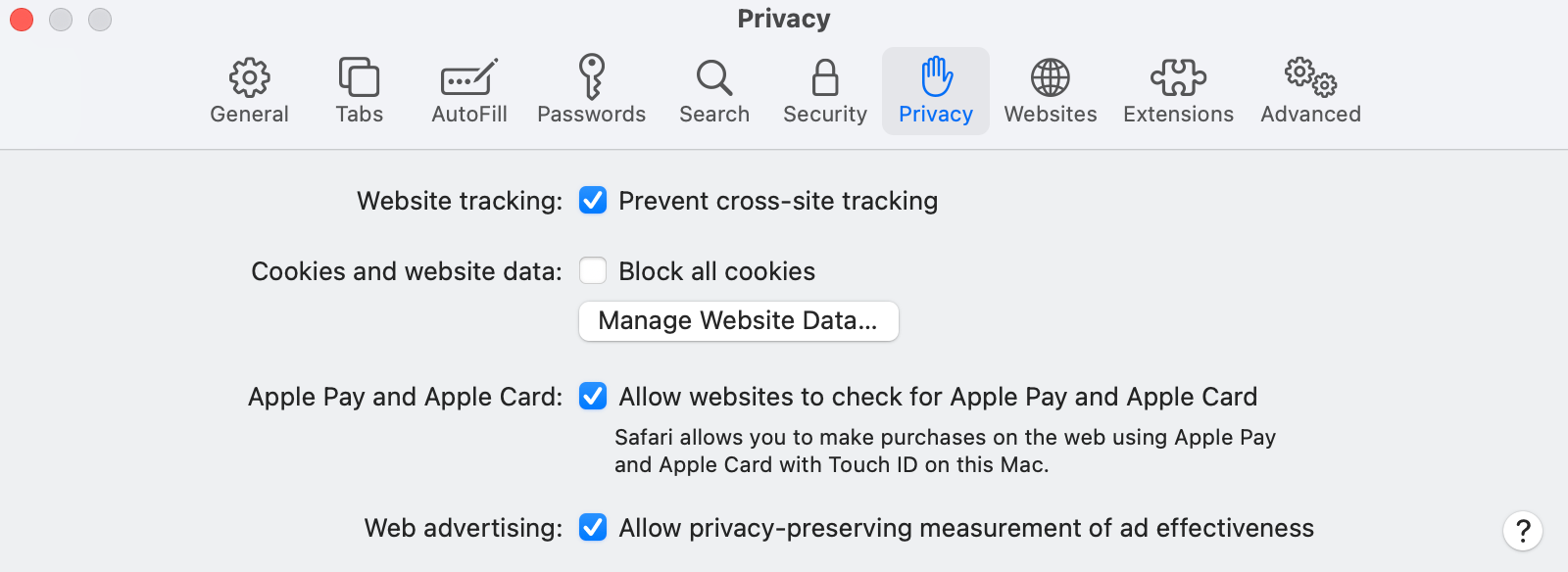 A screenshot of the Apple Safari web browser showing the Privacy settings menu