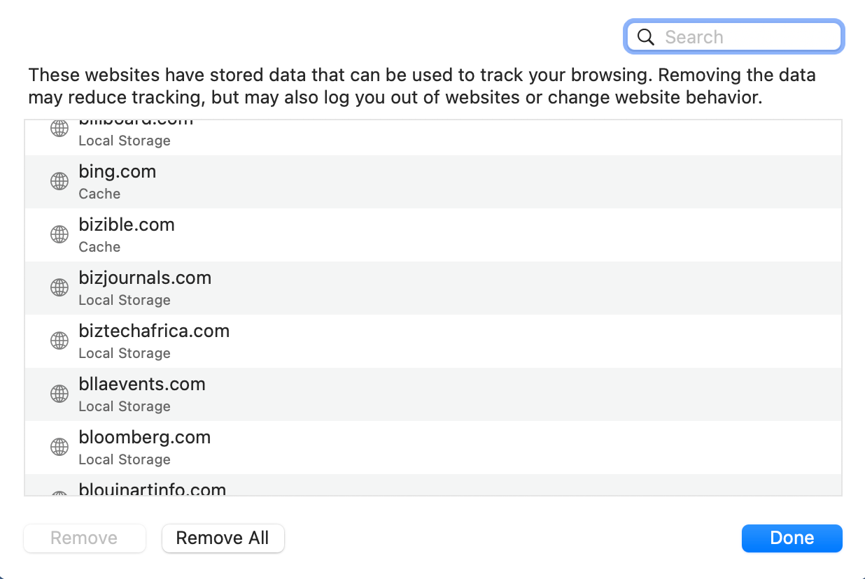 A screenshot of the Apple Safari web browser showing a list of websites that have stored tracking data and the option to Remove All