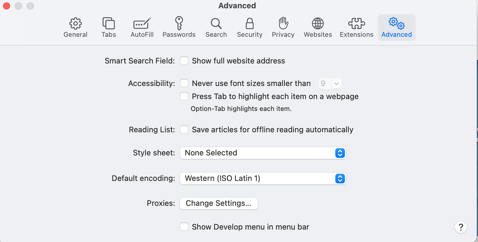 A screenshot of the Apple Safari web browser showing the Advanced menu in the browser's preferences window