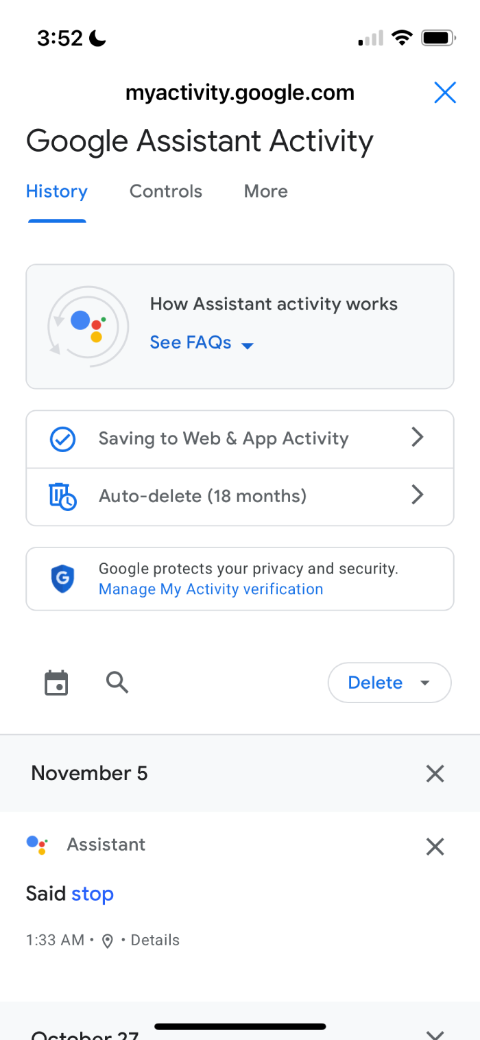 The Google Assistant Web & App Activity page.