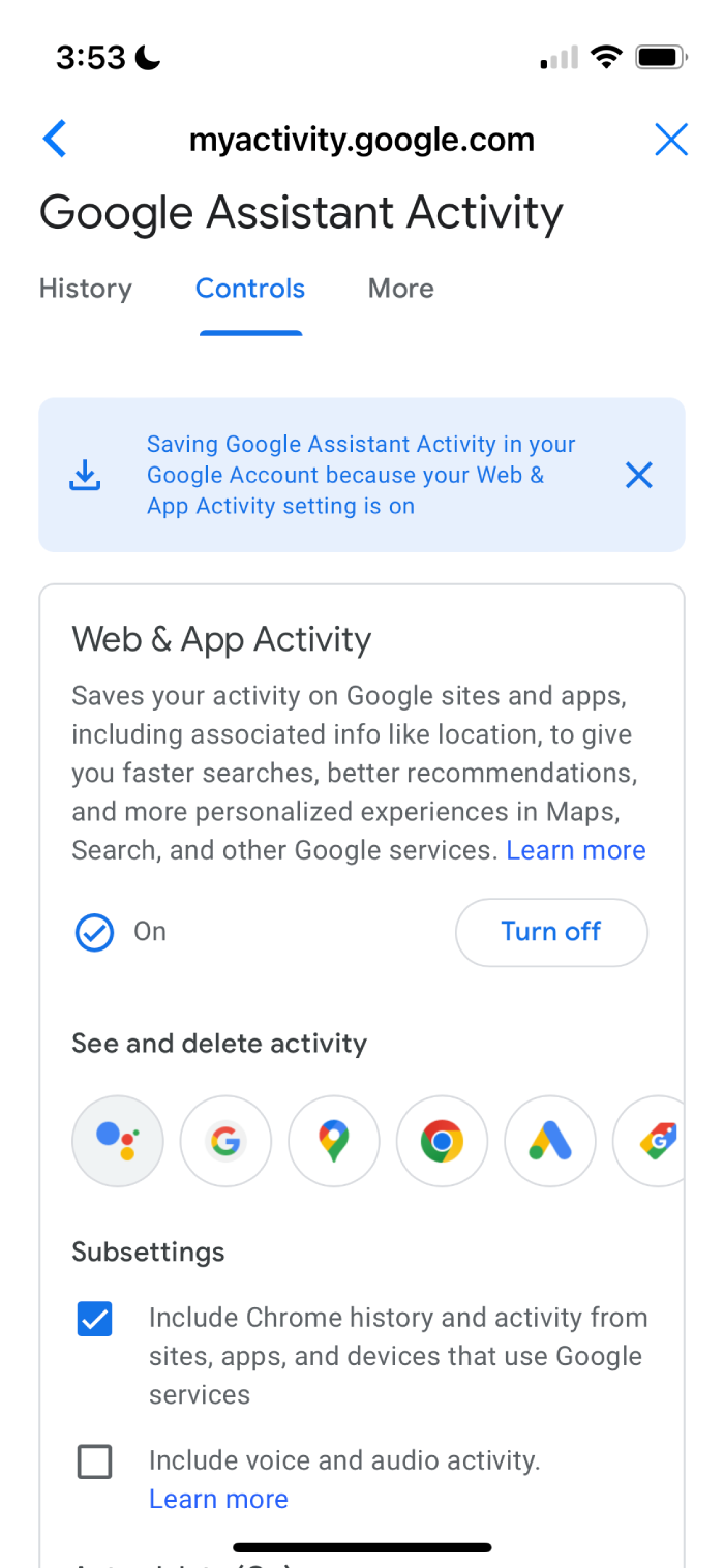 The Google Assistant Activity page on the Google Home app.