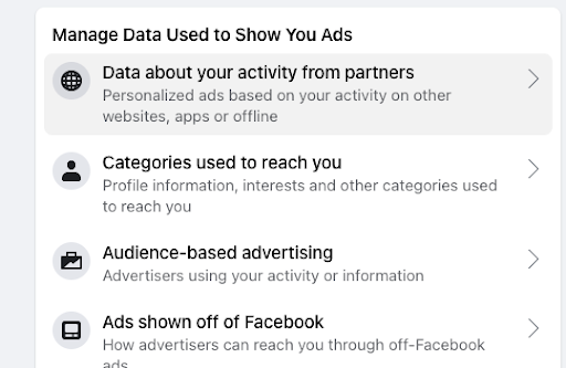 A screenshot of the Facebook Ad Settings menu that allows you to choose what types of data are used to serve you ads.