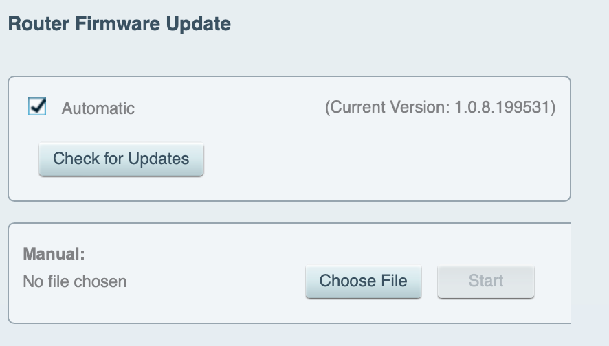 A screenshot of a router admin panel showing firmware update options with the checkbox for automatic updates selected.