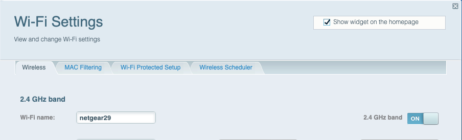 A screenshot of a router admin panel showing the Wi-Fi settings and the network name currently set to "netgear29"