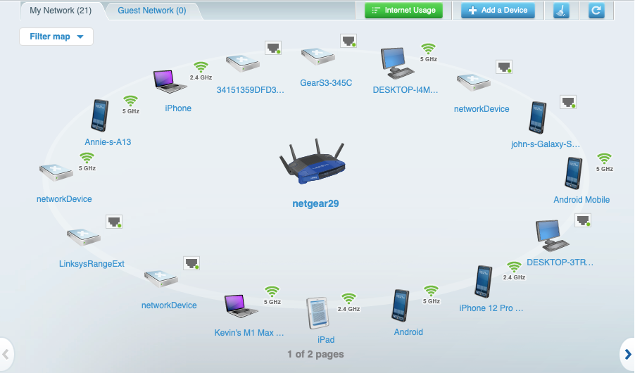 A screenshot of the network map inside the admin panel for a Linksys router, showing several devices that are all connected to the router.