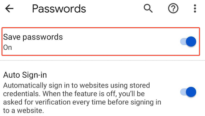 A screenshot of Google Password Manager settings on an Android device with the save passwords option toggled on.