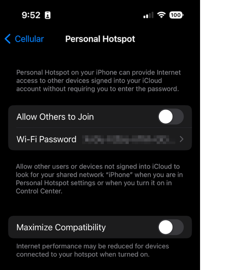 To turn on your iPhone's hotspot, go to Settings, Cellular, and Personal Hotspot, then toggle the slider to Allow Others to Join.