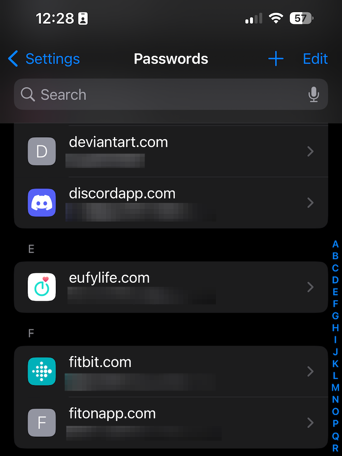 Once your saved passwords list is shown, tap the icon or name of the account you want to get your password for.