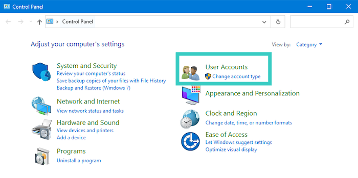 To view saved passwords in Windows, open your Control Panel and click User Accounts.