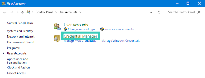 To view saved passwords in Windows, open the Control Panel, choose User Accounts, and click Credential Manager.