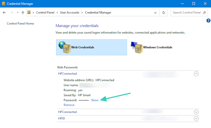 If you're viewing Web Credentials, you can click "Show" next to your hidden password to view it.