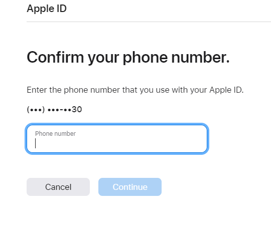 The iforgot.apple.com site with a prompt to confirm your phone number.