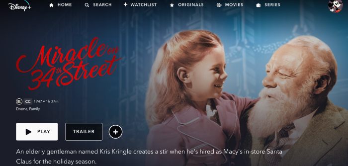 The Miracle on 34th Street streaming page on the Disney+ website.