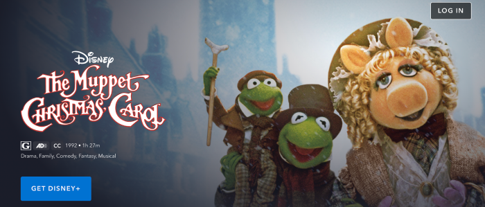 The Muppet Christmas Carol streaming page on the Disney+ website.