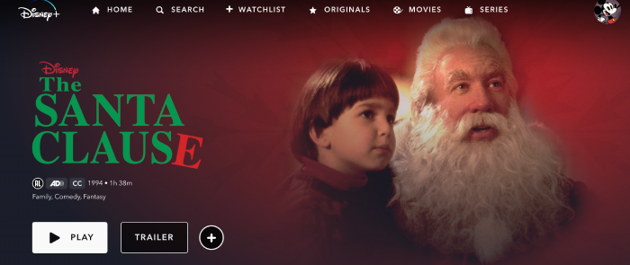 The Santa Clause streaming page on the Disney+ website.