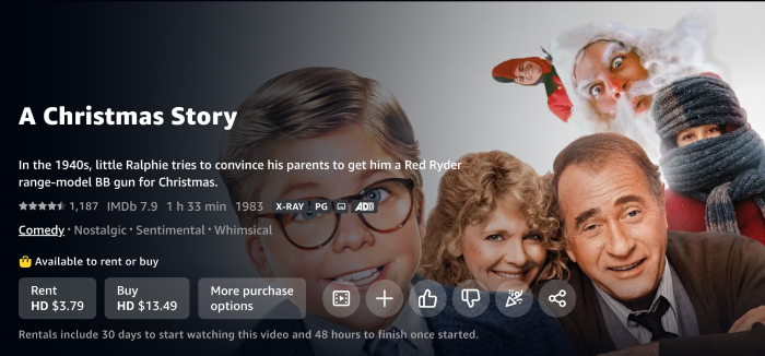 A Christmas Story streaming page on the Amazon Prime Video website.
