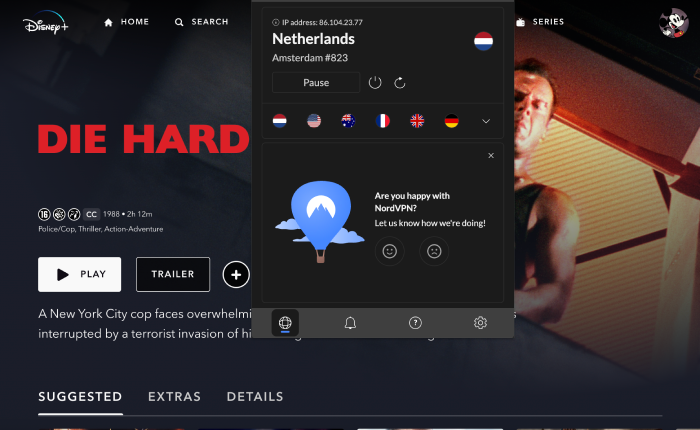 The Die Hard streaming page on the Disney+ website and the NordVPN dashboard connected to a server in the Netherlands.