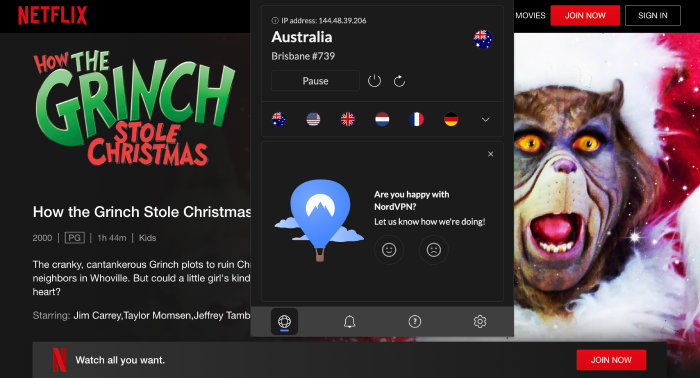 The How the Grinch Stole Christmas streaming page on the Netflix website and the NordVPN dashboard connected to a server in Australia.