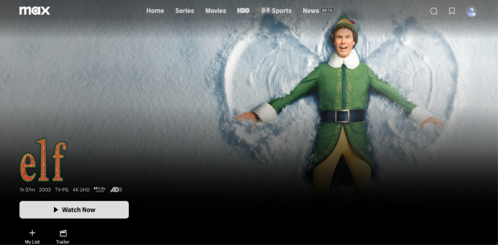 The Elf streaming page on the Max website.