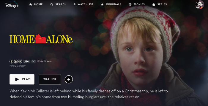 The Home Alone streaming page on the Disney+ website.