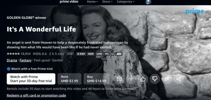 It's a Wonderful Life streaming page on the Amazon Prime Video website.