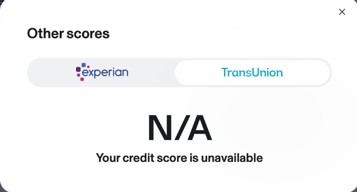 Identity Guard displaying that a TransUnion credit score is not available.