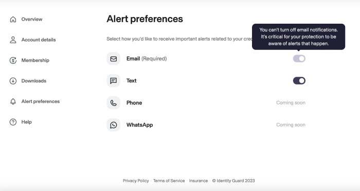 Identity Guard's alert preference settings.