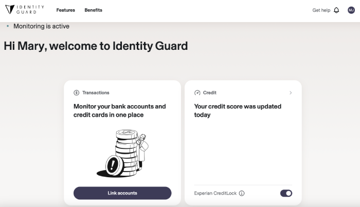 Identity Guard's main dashboard, with links to transaction monitoring and credit monitoring features.
