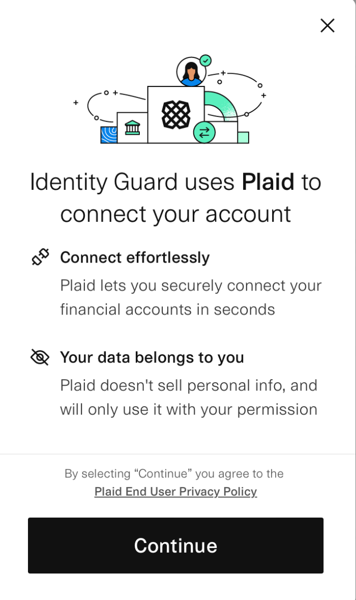 Identity Guard pop-up explaining that it uses third-party Plaid to connect and encrypt your account.