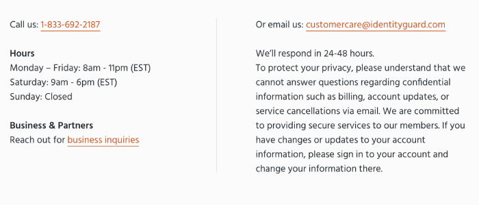 Identity Guard's customer support options (email, phone call) and hours.