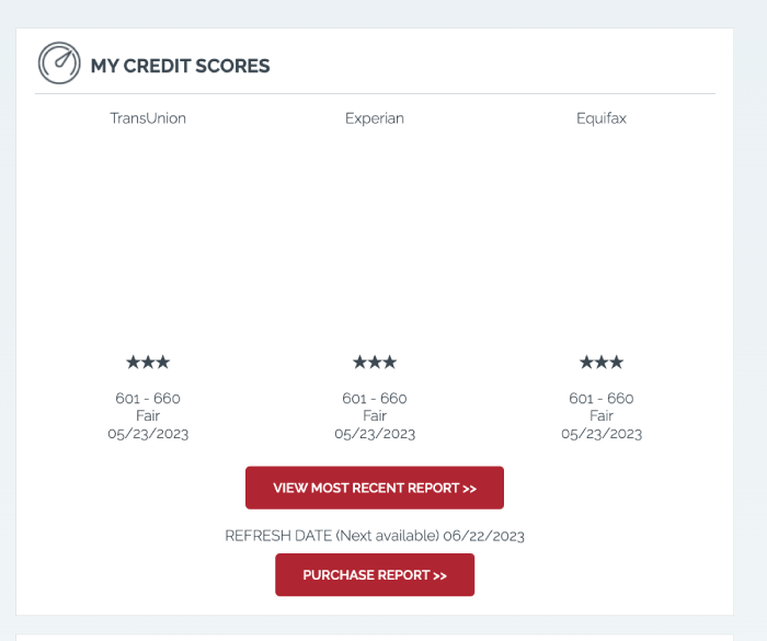 IdentityIQ page showing credit scores for TransUnion, Experian, and Equifax.