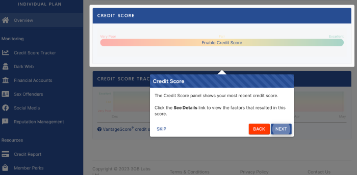 IDShield's credit score panel,  which shows your most recent credit score.