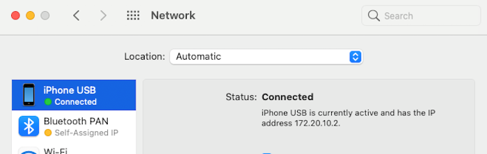 Screenshot of Network settings of Mac with Status showing connected